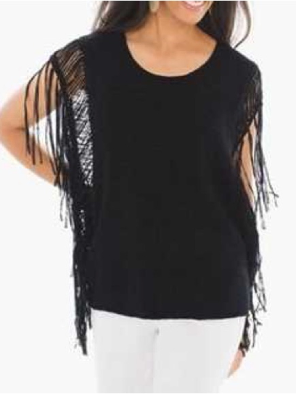Chicos Fringe Macrame Black Sweater Top Size Small